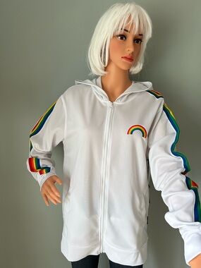 Brooklyn Cloth White Rainbow-Trim Hooded Zip Jacket